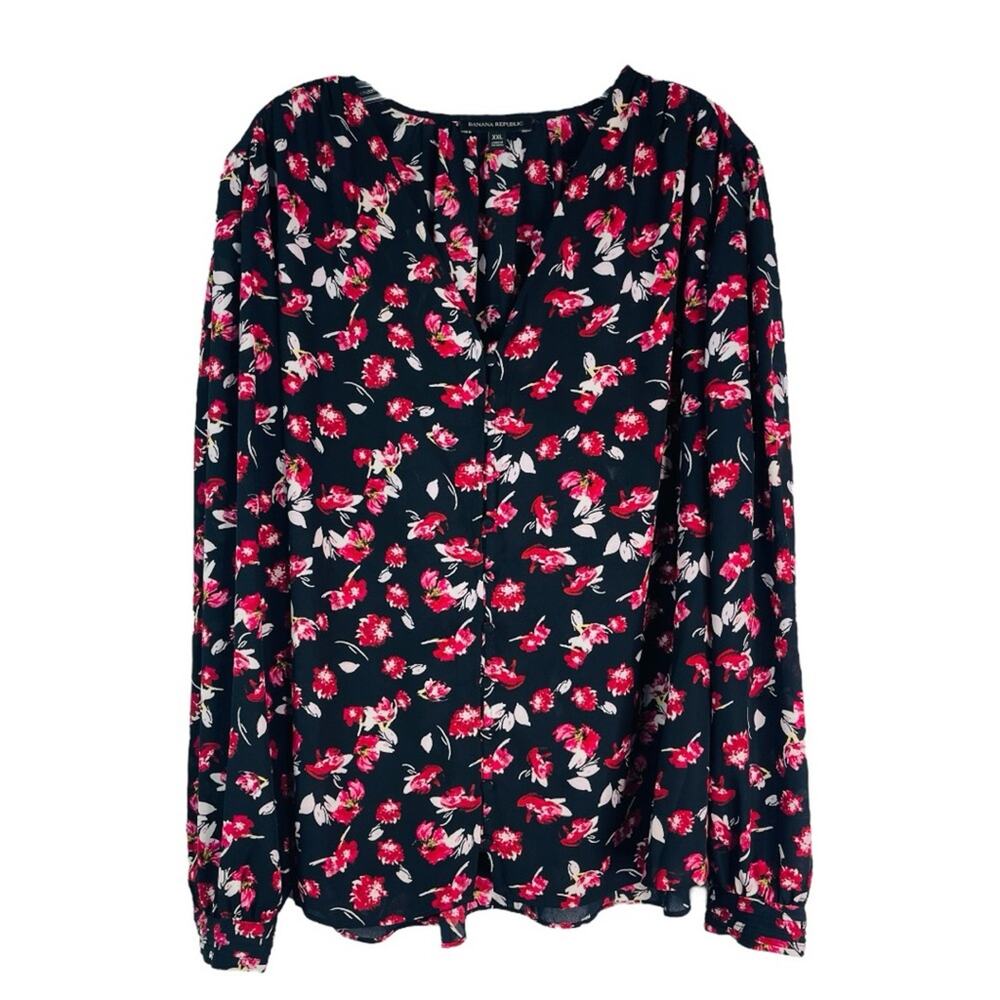 Banana Republic black white red floral button front cottagecore top XXL